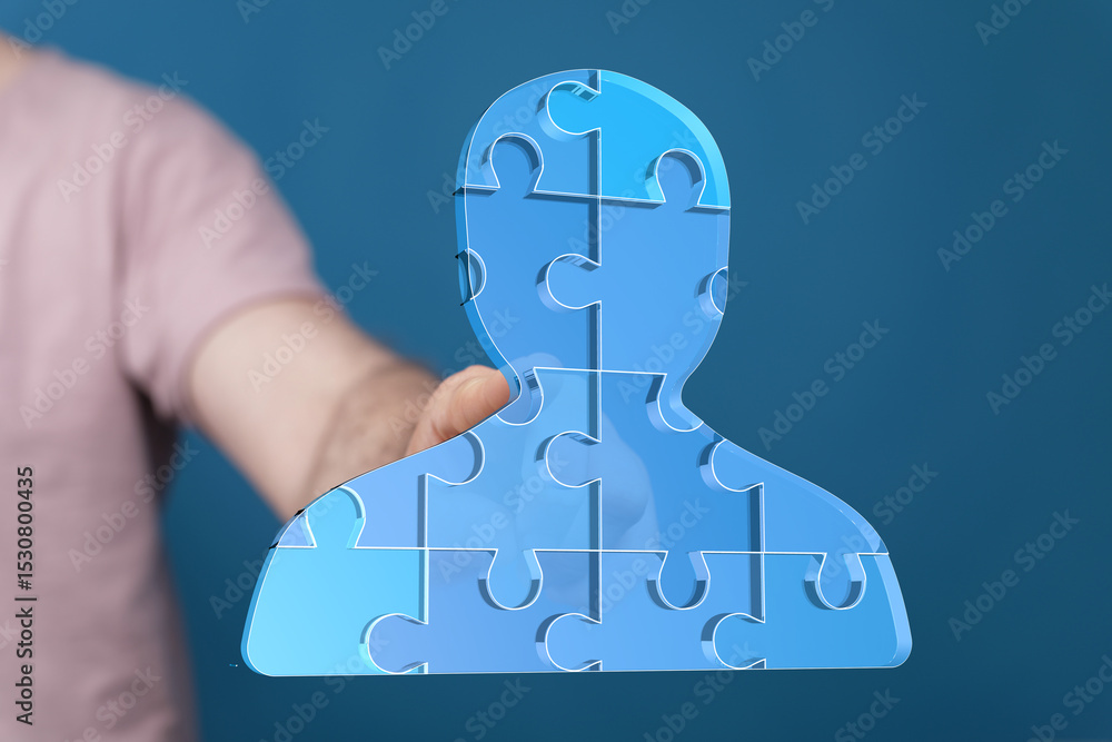 Poster abstract image of a person formed by puzzle pieces. ideal for teamwork, collaboration, and connectio