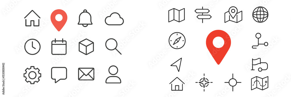 Poster Collection of location-based icons featuring navigation symbols and tools suitable for digital applications