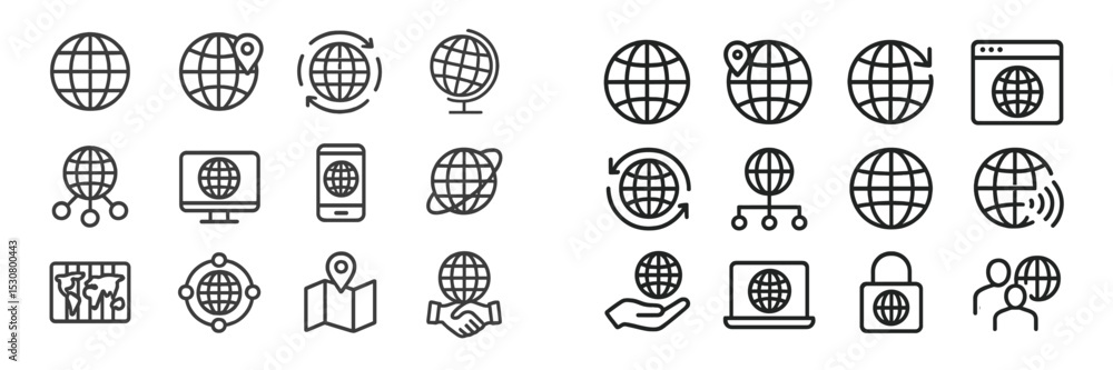 Poster Collection of globe icons representing various aspects of global connectivity and information, suitable for digital design projects