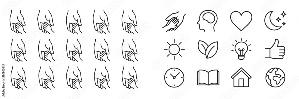 Poster collection of hand icons illustrating support, care, and positive emotions in a simple and modern de