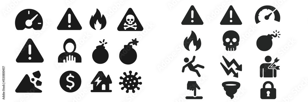Poster warning symbols showcase safety hazards and cautionary alerts in a range of contexts