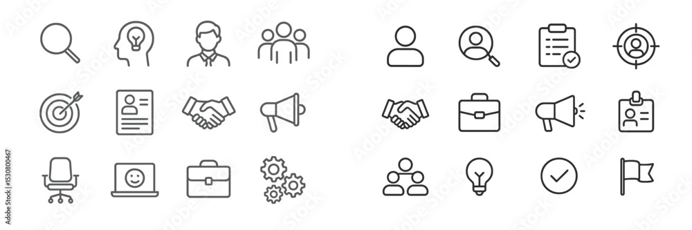 Poster collection of minimalistic icons representing business concepts and professional activities in a mon