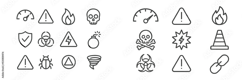 Poster collection of warning and hazard symbols illustrating various dangers and safety alerts in a simple 