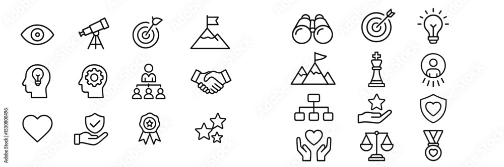 Poster collection of various hand-drawn icons representing achievement, vision, and teamwork set against a 