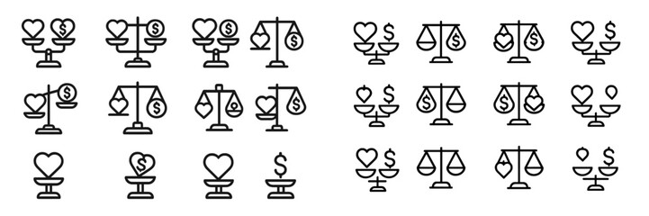 Icons representing balance between love and money in various designs and arrangements for illustration and graphic design
