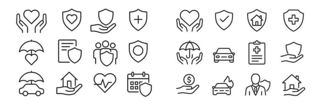 Hand-drawn icons representing various aspects of health, insurance, and financial protection displayed on a clean white background