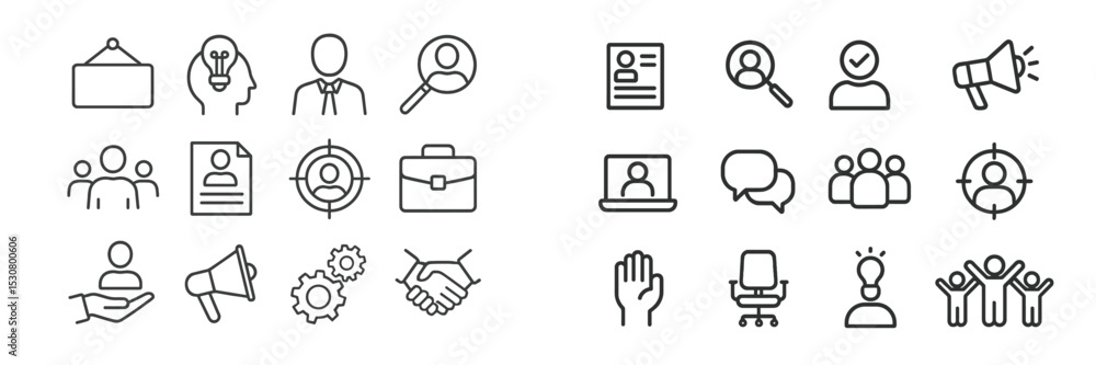 Poster visual representation of various business and teamwork concepts including hiring, collaboration, and