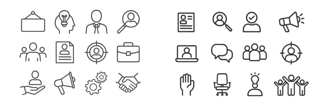 Visual representation of various business and teamwork concepts including hiring, collaboration, and communication