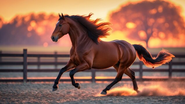 Beautiful brown horse galloping in the paddock during sunset.