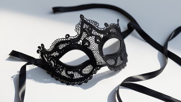Beautiful black carnival mask for masquerade isolated on white background from a top view