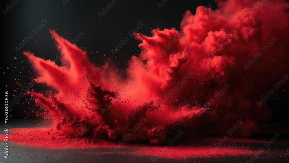 Poster abstract red powder explosion on black background with dynamic particles and vibrant motion effects.