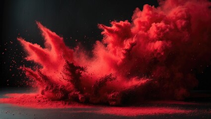 Fototapeta premium Abstract red powder explosion on black background with dynamic particles and vibrant motion effects.