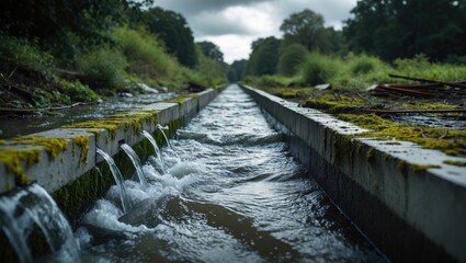 Obraz premium A small, clear stream flows softly between rocks, amidst lush natural greenery.