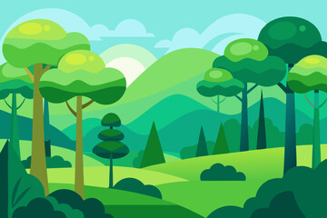 Obraz premium Vibrant Cartoon Forest Landscape Vector - Green Nature Background with Hills & Trees