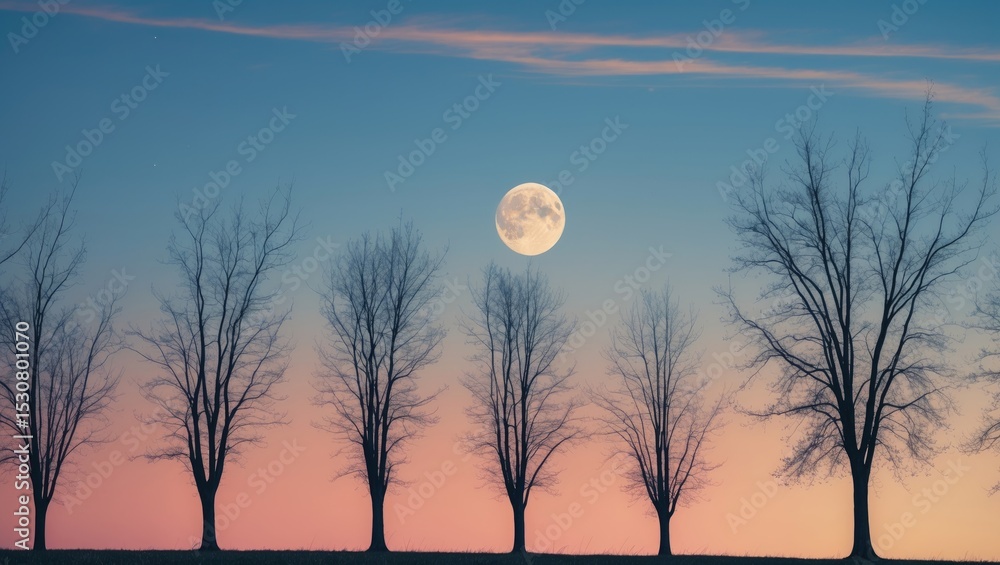 Poster a row of trees with no leaves on their branches set against the background of the morning twilight s