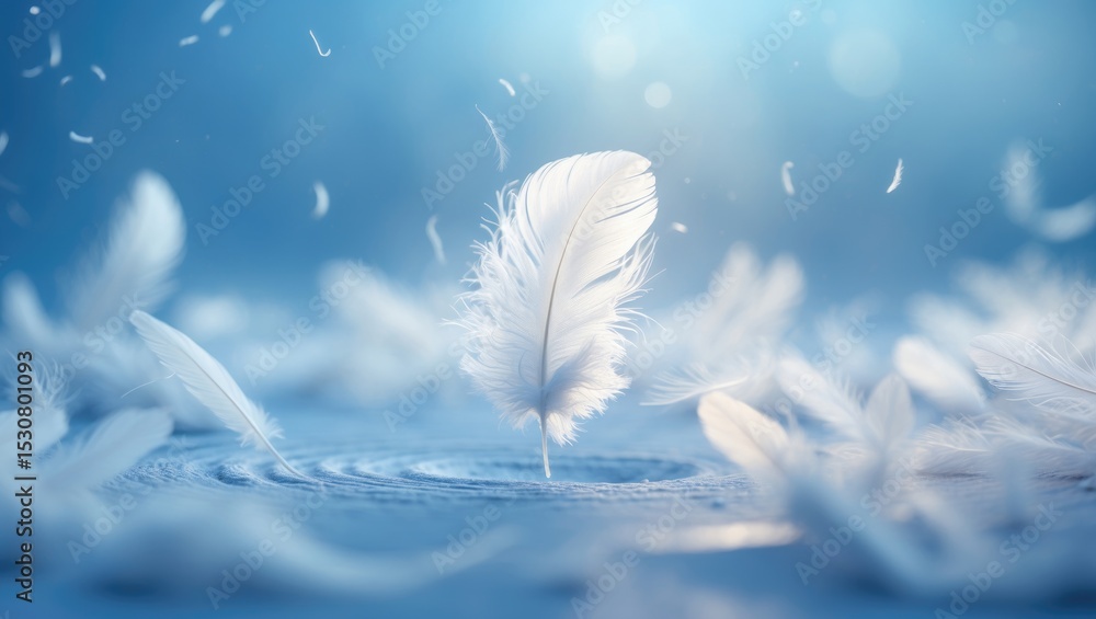 Poster abstract white bird feathers falling in a blue sky with a sense of softness and floating quality.