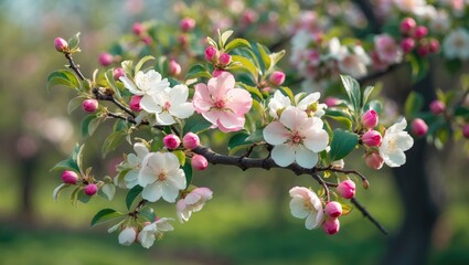 Apple blossom, buds, and open flowers depicted in various stages of blooming.