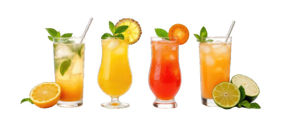 Four colorful cocktails with ice, garnished with mint and citrus slices. Drinks include orange, yellow, red, and green hues against a black background.