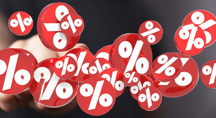 3D rendered image of red percentage symbols floating, ideal for discount, sale, finance concepts.