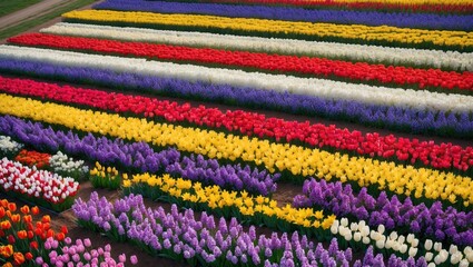 Aerial perspective of vibrant Tulip, lupin, and daffodil fields in springtime.
