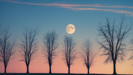 A row of trees with no leaves on their branches set against the background of the morning twilight sky.