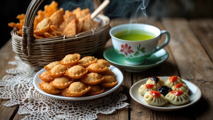 A tempting food spread including fried snacks, dim sum, dipping sauces, a frothy iced beverage, and a vibrant green matcha latte displayed on a wooden table.