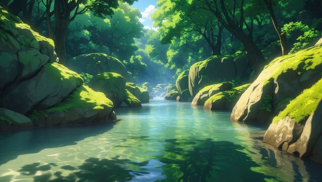 anime style v1 of a river flowing between boulders in a lush woodland scene