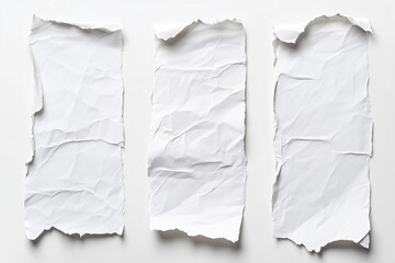 Three Torn and Wrinkled Pieces of White Paper on a White Background, Top View