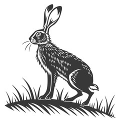 Engraved hare sits amidst stylized grass in a striking monochrome illustration