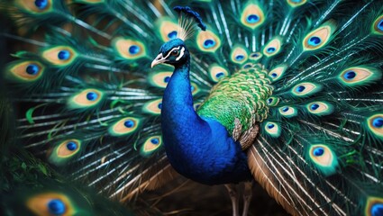 Fototapeta premium Abstract image featuring a peacock among feathers set against a dark background.