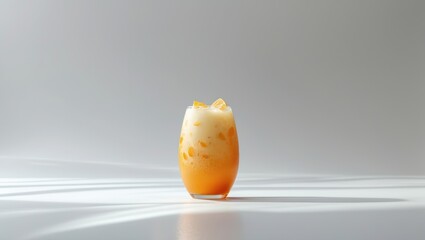 A single round glass of orange black ice milk tea is displayed against a white background. Iced milk tea remains a favored drink during hot weather.