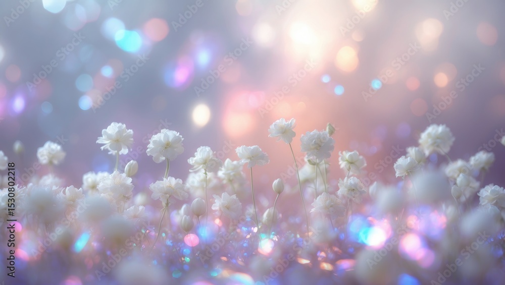Aufkleber abstract background featuring white flowers and multicolored bokeh in a natural setting.