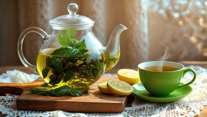 A lively image displaying herbal tea, fresh herbs, and lemon slices for a rejuvenating beverage experience