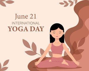 Illustration of people doing asana and meditation on peaceful calming background, Banner, poster, template design on International Yoga Day.