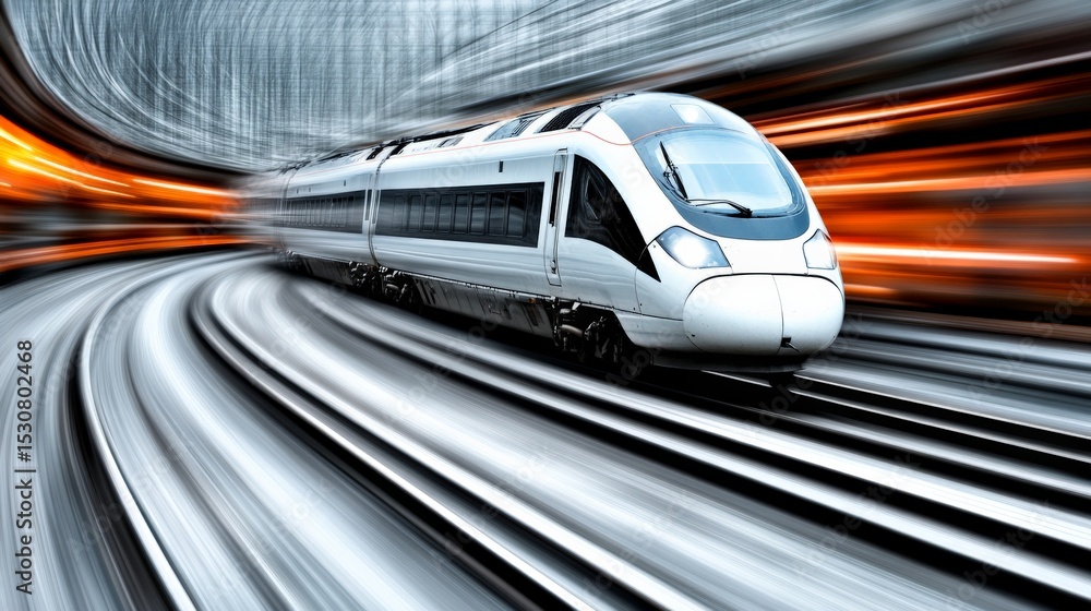 Poster high-speed modern train racing through a tunnel with dynamic motion blur effects