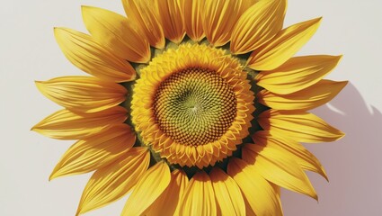 Fototapeta premium A single large yellow sunflower isolated with clear stamens against a white background, viewed from the side.
