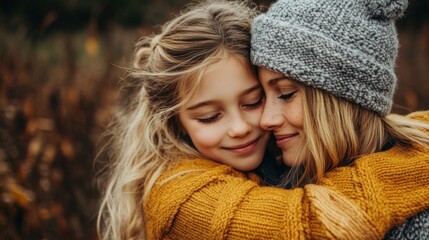 Close-up hug of a mother and daughter