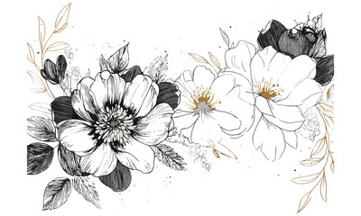 Golden and monochrome flowers, line art floral frame, greeting card for weddings and birthdays, summer background, festive invitation design, vector illustration, sophisticated floral decoration.