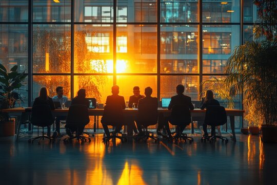 Business meeting at sunset in modern office overlooking city skyscrapers, people working together around table with laptops and drinks