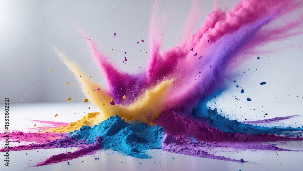 Poster abstract multicolored powder splattered on white background, capturing the freeze motion of color po