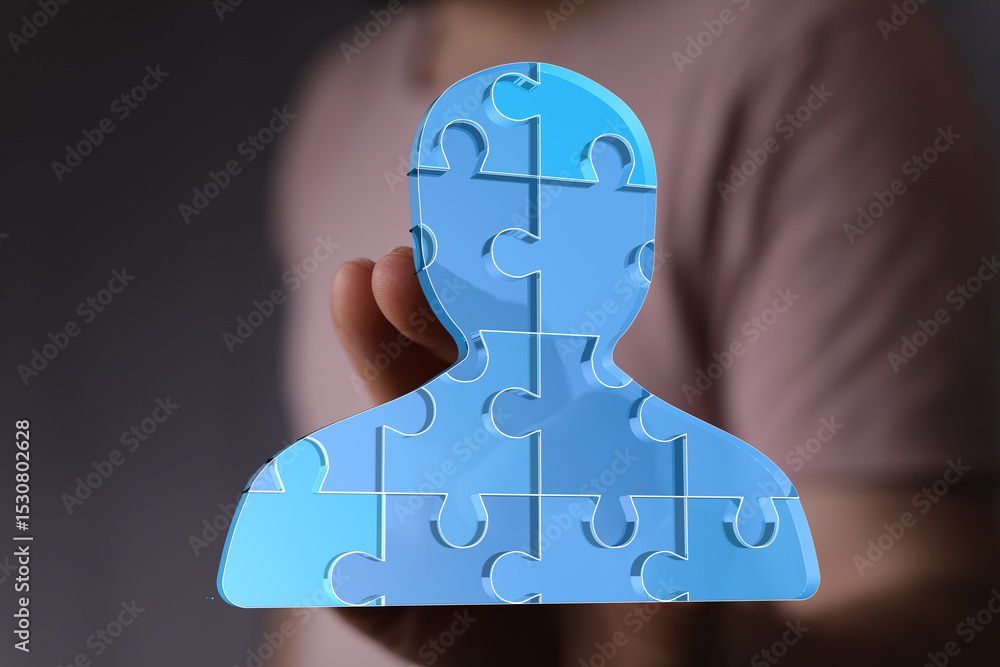 Poster abstract puzzle person image. teamwork, collaboration, unity concept.
