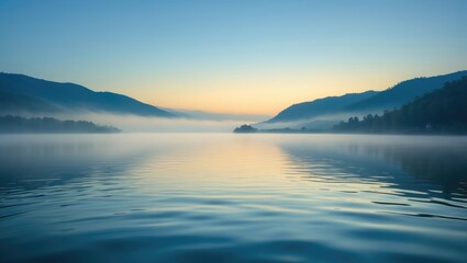 A peaceful scene of a foggy morning with mountains and still waters mirroring the landscape in Mission, British Columbia, Canada.