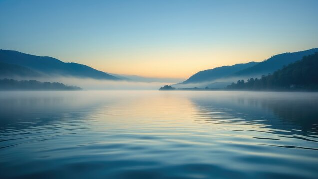 A peaceful scene of a foggy morning with mountains and still waters mirroring the landscape in Mission, British Columbia, Canada. - Powered by Adobe