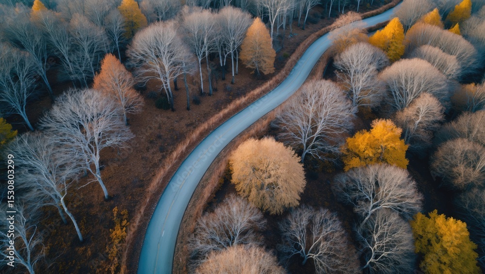 Poster aerial drone top view of a forest park featuring a small walking path and the autumn fall colors of 