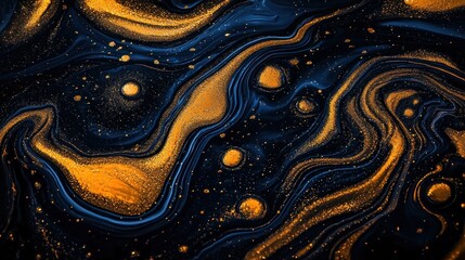 An abstract image showcasing swirling patterns of deep blue and gold hues, interspersed with small, speckled droplets creating a cosmic, fluid effect