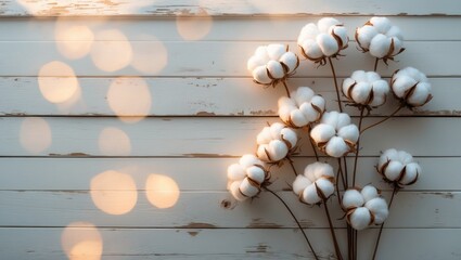 Autumn composition featuring dried white fluffy cotton flowers viewed from above on white wood with space for content. Floral composition