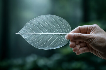 Hand holds delicate leaf showcasing ecological beauty in nature