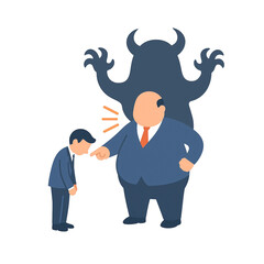 Flat Design of An Angry Boss Scolding His Employees, with a Demon's Shadow Behind Him. This is suitable for business presentation, design, clip art, element design and many more artwork.