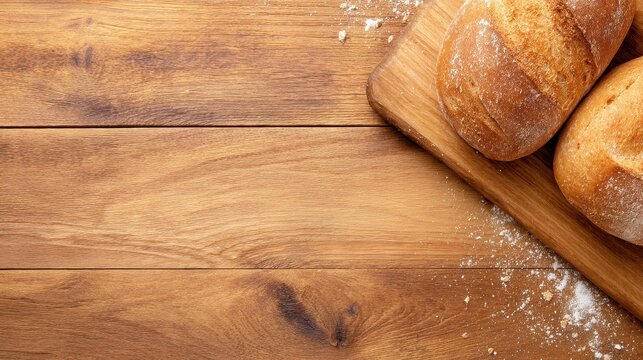 Freshly baked bread loaves on a wooden cutting board with flour scattered, cozy kitchen setting