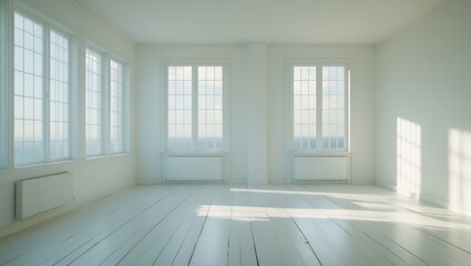 Obraz premium A roomy and open interior featuring large windows that permit natural light, with light wood flooring and neutral walls contributing to a peaceful environment.